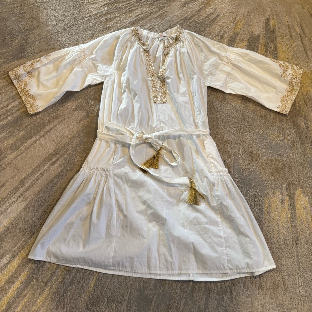 ETOILE CORAL white long sleeve dress cotton embroidered gold tie waist medium